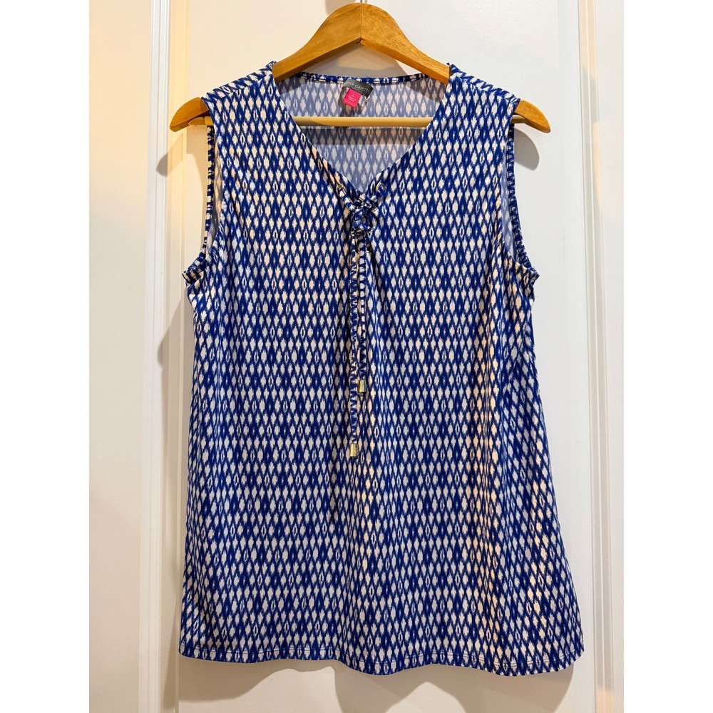 Vince Camuto Blue White Geometric Ikat Lace Up V-Neck Sleeveless Blouse Large